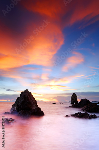 Seascape of sunset on tropical beach at Chonburi province, Thailand