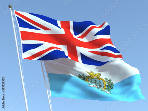 The flags of United Kingdom and San Marino on the blue sky. For news, reportage, business. 3d illustration photo