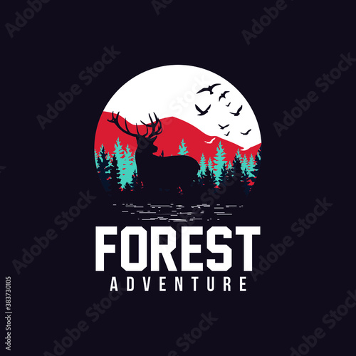 logo emblem forest. adventure design. wolf vector. 