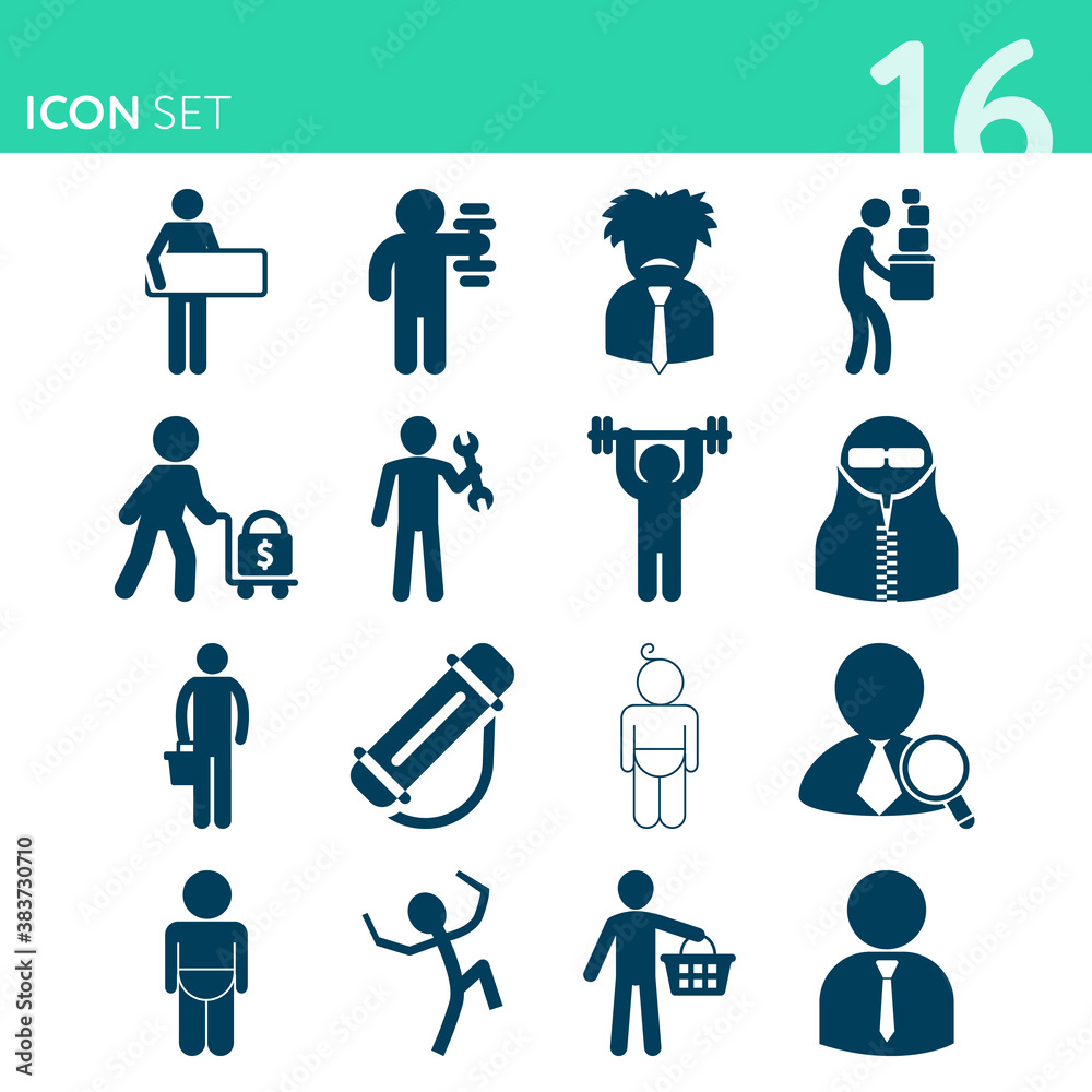 Simple set of 16 icons related to carrying Simple set of 16 icons related to carrying