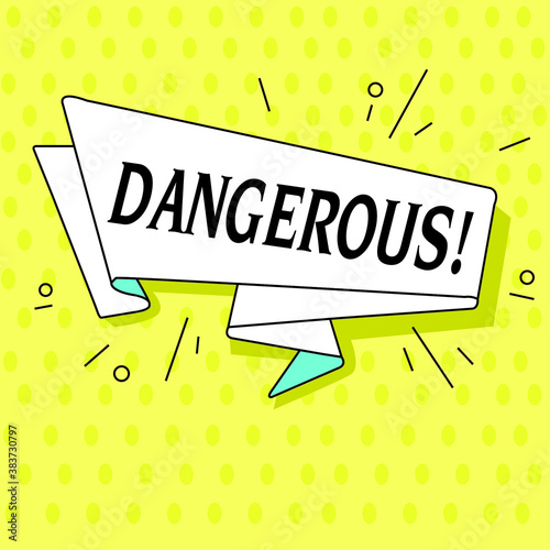 Ribbon banner with text Dangerous for emotion, blame and curiosity. Retro hand drawn design element for banner, advertising, poster in pop art style on dot colorful background. Vector Illustration