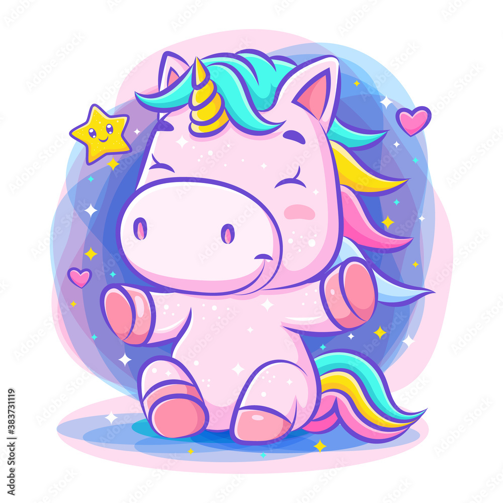 Fototapeta premium Lovely cute unicorn sits and smile
