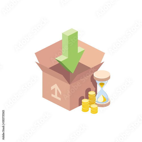 Packing loading Hourglass coin value. Vector 3d isometric, color web icons set, new flat style. Creative illustration, idea for infographics.