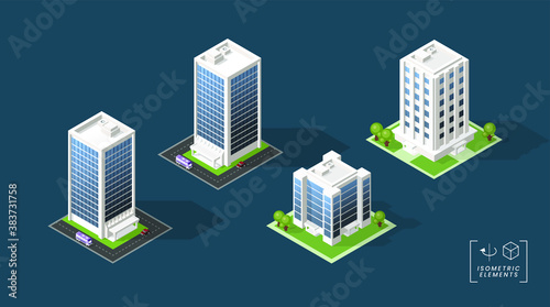 Set of Isometric High Quality City Building with Shadows on Black Background . Isolated Vector Elements © treter