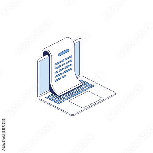Laptop document. Vector 3d line isometric, color web icons set, new flat style. Creative illustration, idea for infographics.