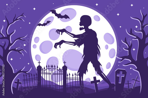 Vector cartoon illustration of Halloween zombie silhouette in a cemetery on a background of the full moon stars and bats
