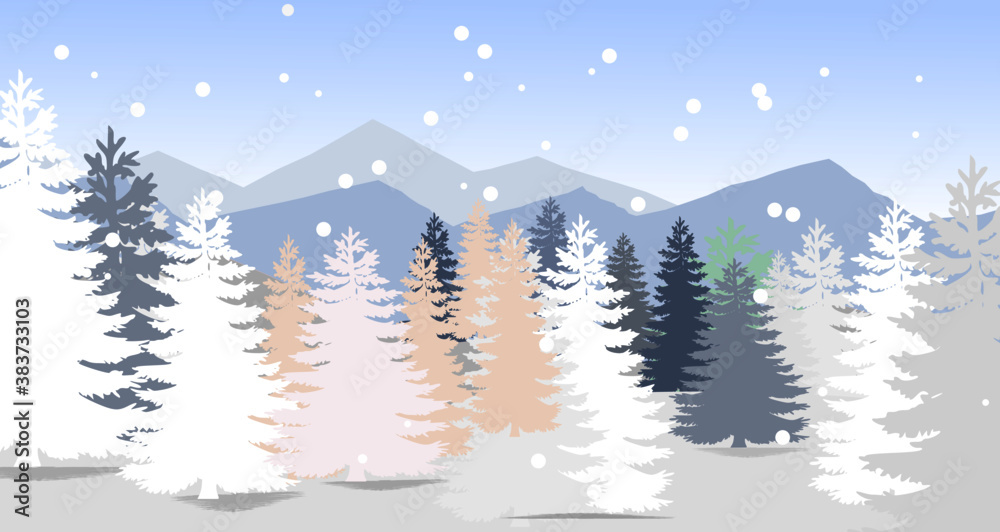 Day In Winter Forest Glowing Snow Under Sunshine Woodland Landscape White Snowy Pine Tree Woods Background Flat Vector Illustration