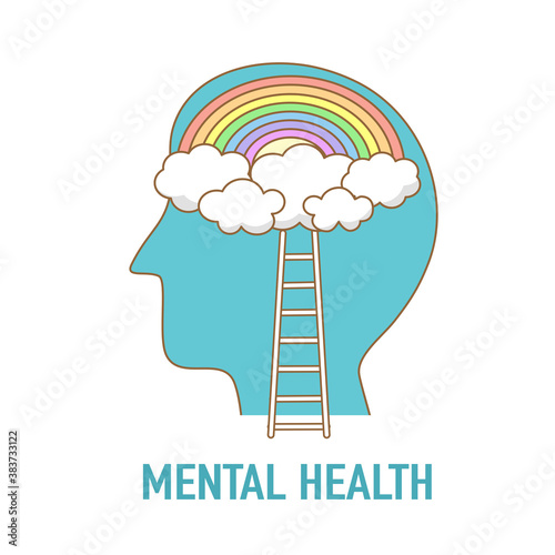 Silhouette of human head with clouds and rainbow inside. Mental health concept vector illustration. World mental health day. Psychological therapy and treatment.	
