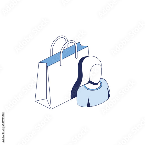 Bag shopper girl woman. Vector 3d line isometric, color web icons set, new flat style. Creative illustration, idea for infographics.