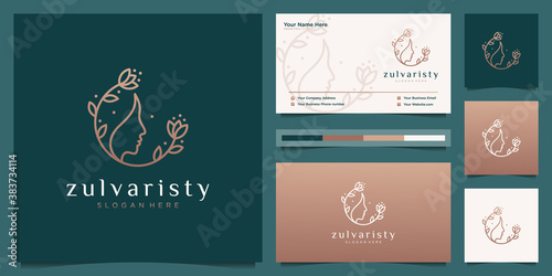 Luxury woman's face flower with line art style logo and business card design. feminine design concept for beauty salon, massage, cosmetic and spa.