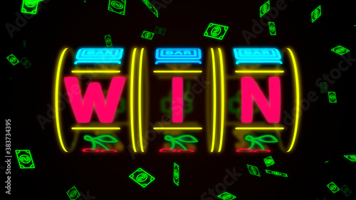 neon casino slot machine spinning, money flying after win combination. Illustration