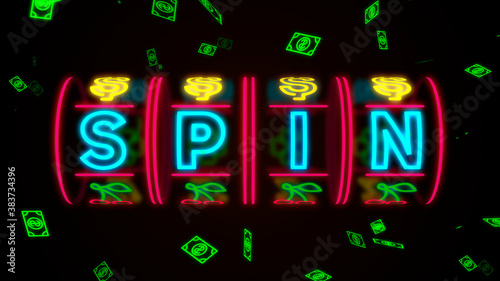 neon casino slot machine spinning, money flying after win combination. Illustration