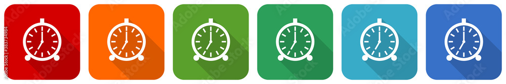 Alarm icon set, flat design vector illustration in 6 colors options for webdesign and mobile applications Alarm icon set, flat design vector illustration in 6 colors options for webdesign and mobile applications