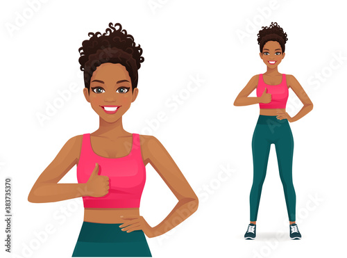 Sport african woman showing thumb up gesture isolated vector illustration