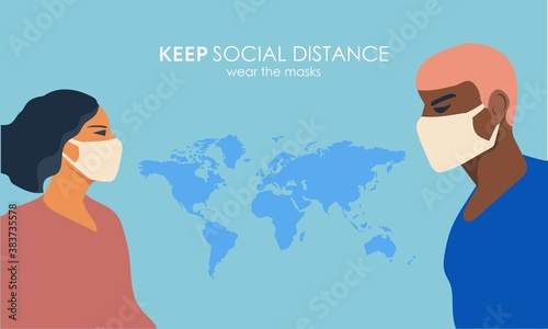People wearing protective masks maintain social distance. Flat vector illustration.