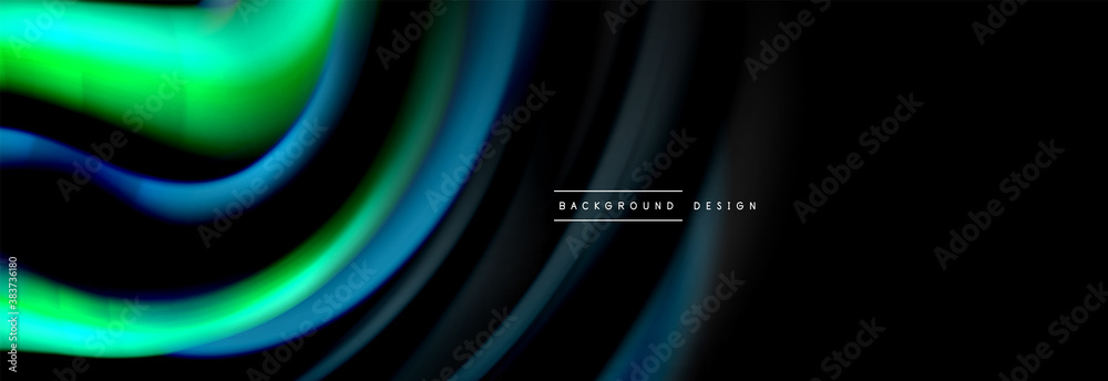 Dynamic motion abstract background. Color blurred stripes on black. Wave liquid lines poster. Vector illustration