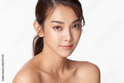 Beautiful young asian woman with clean fresh skin on white background, Face care, Facial treatment, Cosmetology, beauty and spa, Asian women portrait