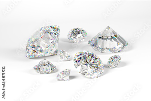 A scattering of diamonds of different sizes on a white background. Exhibition of precious stones. 3d rendering.