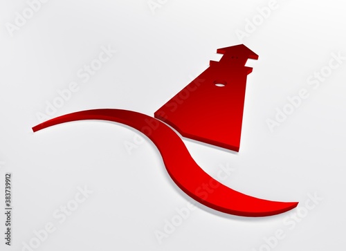 Lighthouse red 3D graphic logo illustration with ocean sea beach wave clip art background