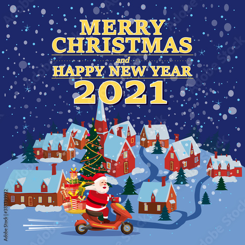 Wallpaper Mural Santa Claus Van with text Merry Chrismas and Happy New Year 2021 rides a scooter delivering shipping gifts on night winter town. Vector illustration isolated cartoon style greeting card poster banner Torontodigital.ca
