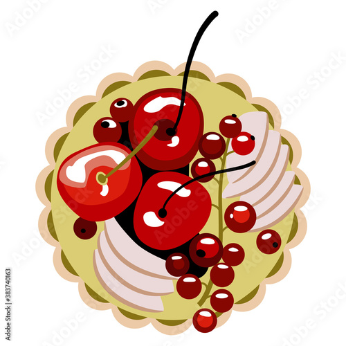 Isolated vector illustration of a single small tartlet cake with fruits and berries. Flat cartoon style.