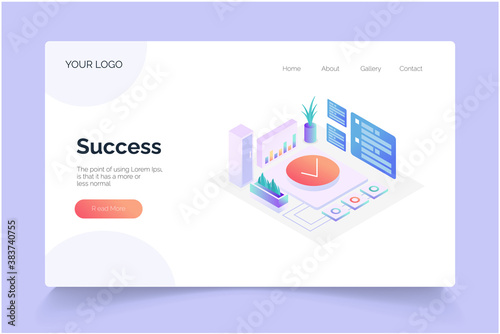 Success isometric. landing page vector template