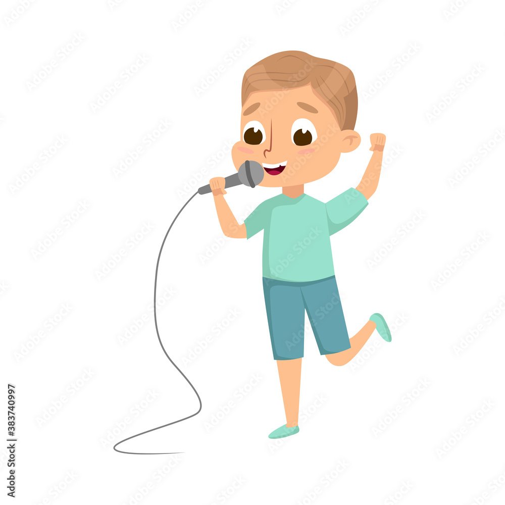 Cute Boy Holding Microphone and Singing Vector Illustration Cute Boy Holding Microphone and Singing Vector Illustration