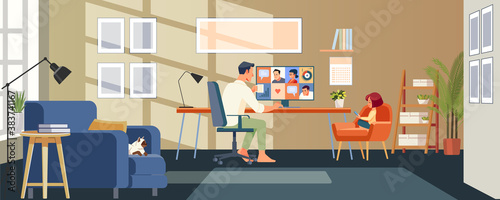 Man working from home. Businessman with group of colleagues taking part in video conference. Online communication. Virtual work meeting. Child online education at home. Cartoon vector illustration.