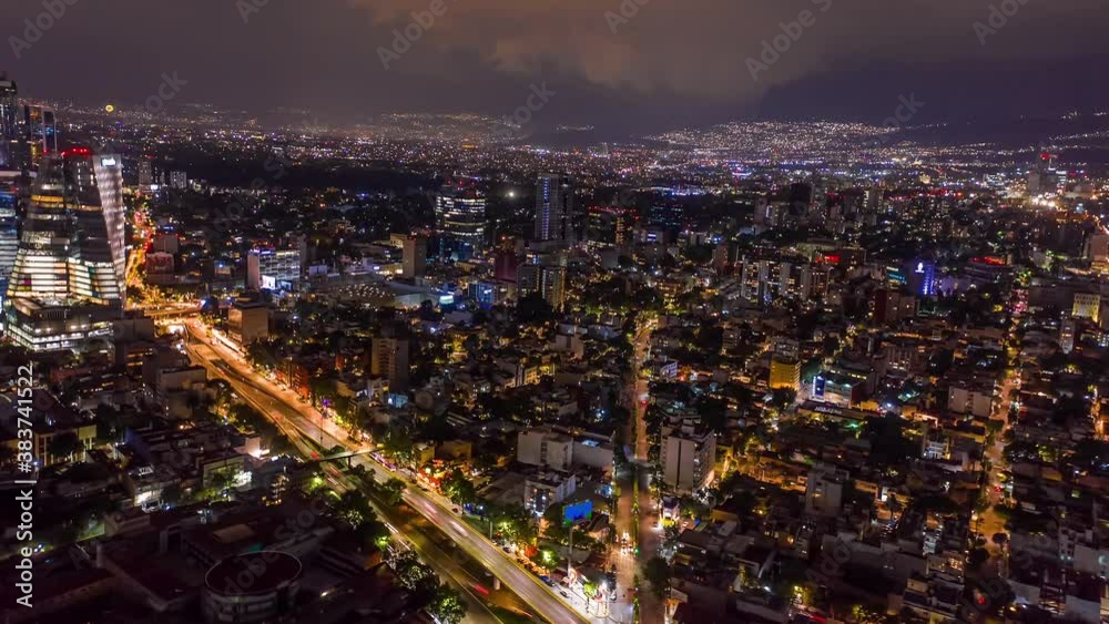 Dramatic Lightning Storm Over Bustling Mexico City, Aerial Night Hyperlapse