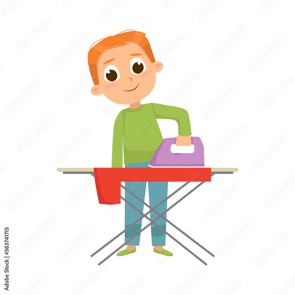Little Big-eyed Boy Ironing Clothes on Ironing-table Vector Illustration Little Big-eyed Boy Ironing Clothes on Ironing-table Vector Illustration