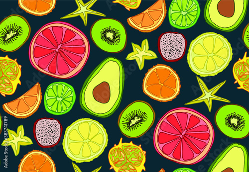  seamless pattern with citrus and exotic fruits. Vector