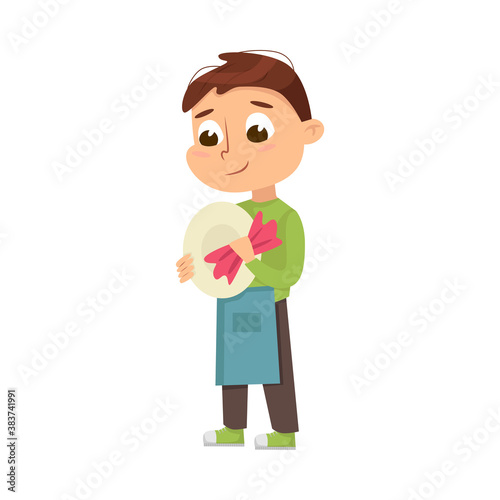 Little Big-eyed Boy Drying Washed Dishes with Cloth Vector Illustration