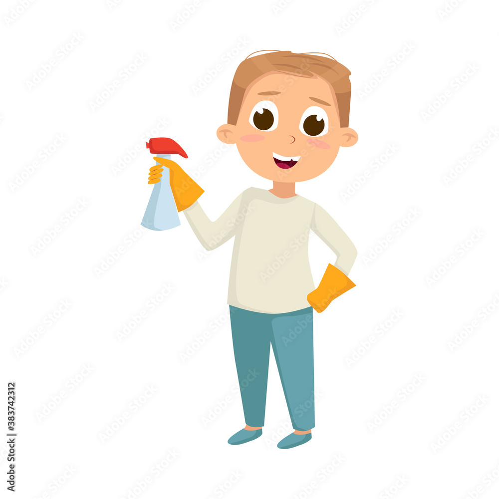 Big-eyed Boy Standing in Gloves and Household Detergent Vector Illustration Big-eyed Boy Standing in Gloves and Household Detergent Vector Illustration