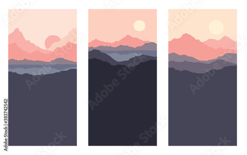 Abstract landscape with mountains and firs. Three vector illustrations, desktop wallpaper. Twilight, sunset.	