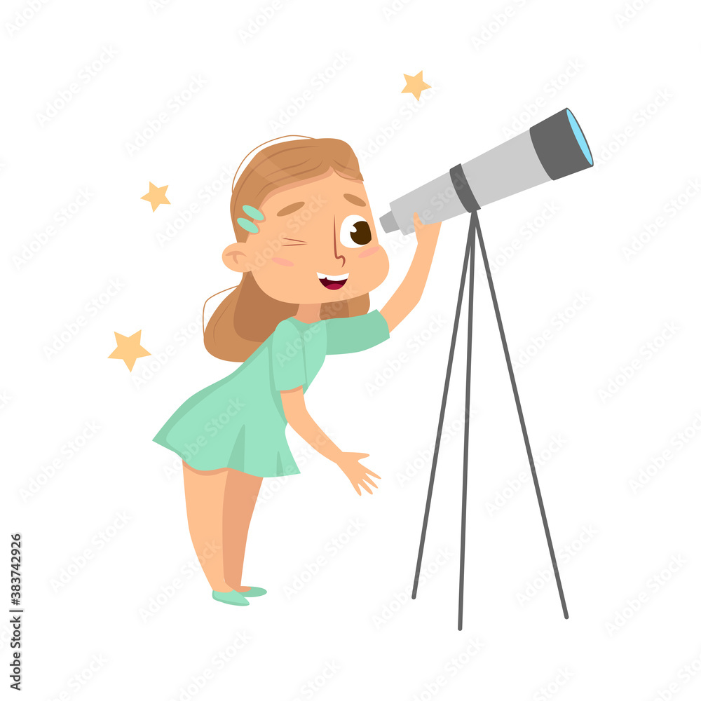 Curious Girl Looking in Telescope Studying Stars Vector Illustration Curious Girl Looking in Telescope Studying Stars Vector Illustration