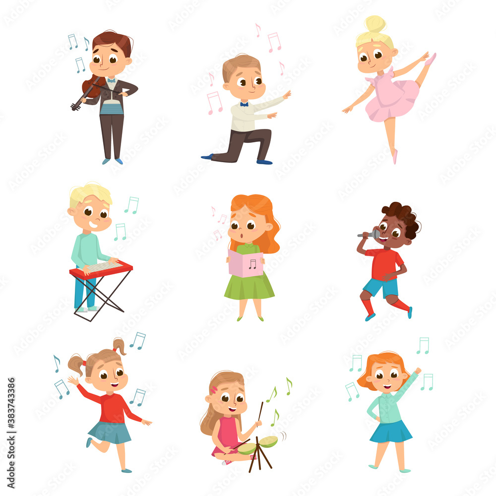 Little Boys and Girls Playing Musical Instrument and Singing Vector Set