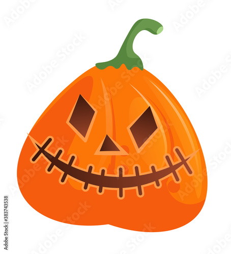 Orange pumpkin creepy halloween party decoration with grinning smile vector illustration isolated on white background