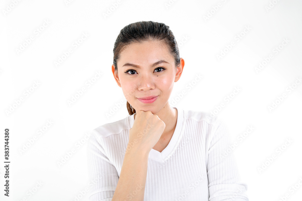 beautiful young south east Asian Chinese woman hand on cheek chin on white background beautiful young south east Asian Chinese woman hand on cheek chin on white background