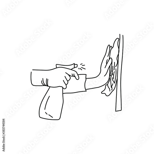 Disinfection and cleaning of surfaces, a schematic representation of a hand with a rag and a hand with a spray, prevention of diseases and effective cleaning,