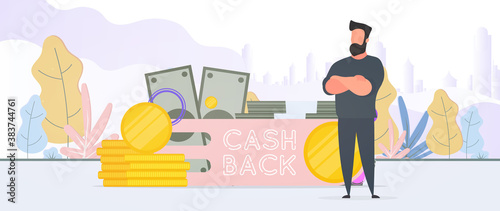Businessman and a mountain of money. A man stands near gold coins and large dollar bills. Cashback lettering isolated on white background. Golden coins. Composition on the topic of money back.