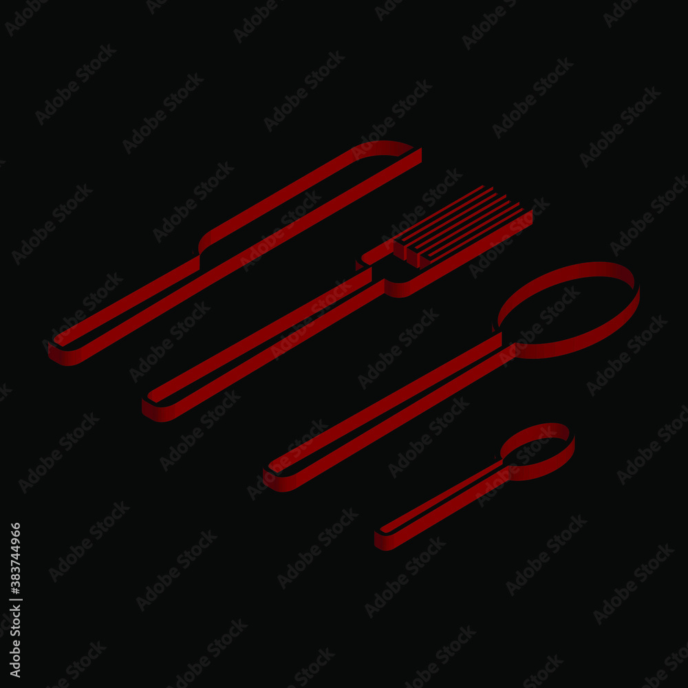 Cutlery red on a black background, isometric image, sign for design, vector illustration