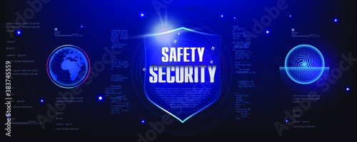 Safety and security. Futuristic cyber banner with the concept of protecting your data from unauthorized hacking. Shield. Cyber security. Secure login via touch ID. Vector illustration