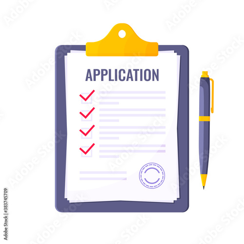 Submit application document form flat style design icon sign vector illustration isolated on white background. Complete application or survey document business concept with text contract stamp.