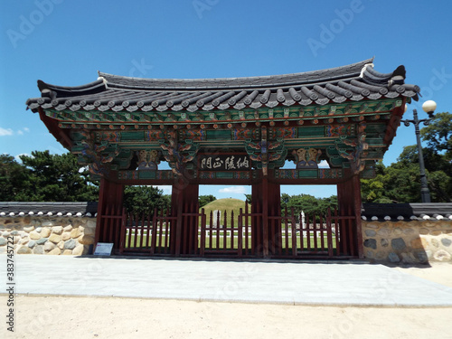 Gimhae, Busan, South Korea, September 1, 2017: Gate of King Suro Tomb. Legendary founder of the state of Geumgwan Gaya (43 - 532)