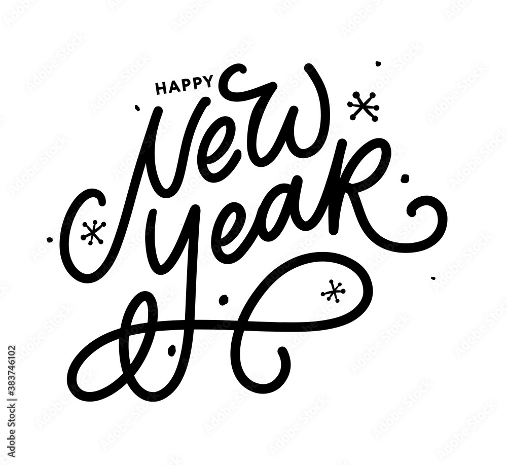 Happy New Year 2021 Beautiful greeting card poster with calligraphy black text word gold fireworks. Hand drawn design elements. Handwritten modern brush lettering white background isolated vector Happy New Year 2021 Beautiful greeting card poster with calligraphy black text word gold fireworks. Hand drawn design elements. Handwritten modern brush lettering white background isolated vector