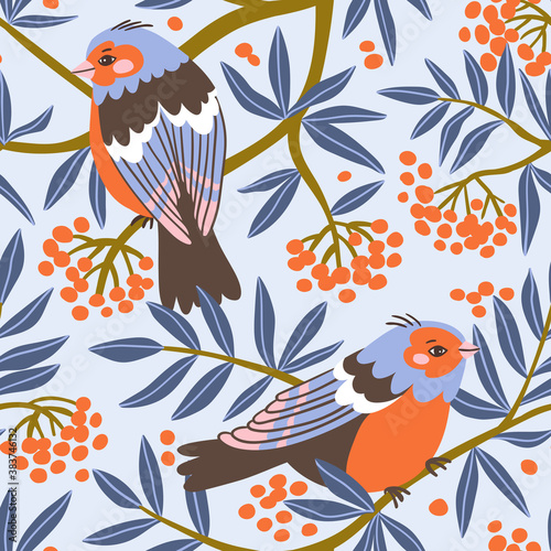 Vector seamless pattern with robin birds on the branches of elder. Cute animal fabric design for kids fabric or wallpaper.