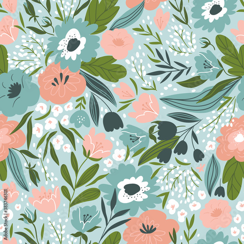 Spring bouquet. Elegant hand drawn floral seamless pattern. Botanical print. Vector illustration for wedding design.