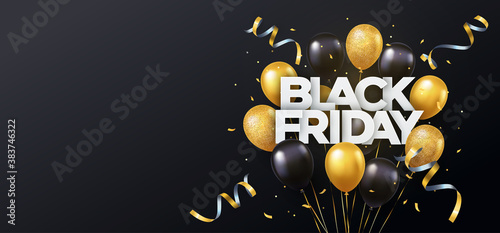 Black Friday Sale banner, poster, flyer design with gold and black 3d realistic flying balloons on black background. Modern design template for advertisement, social and fashion ads. Copy space