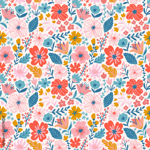 Trendy seamless floral ditsy pattern. Fabric design with simple flowers. Vector cute repeated pattern for baby fabric, wallpaper or wrap paper