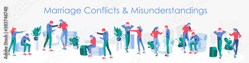 Marriage conflicts and misunderstandings. Family issues banner. Spouses quarreling and arguing with each other. Relationship breakup, divorce concept flat vector illustration